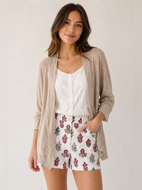 Lightweight Cotton Open-Front Cardigan Dolman Sleeve Layering Beige Size Med